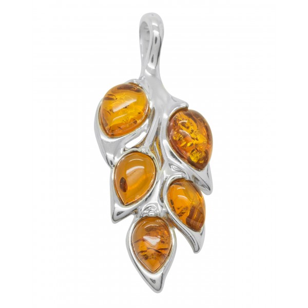 Pendentif argent et ambre cognac en forme de feuille