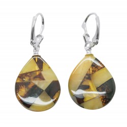 Amber Mosaic and Silver Earring - Drop Shape
