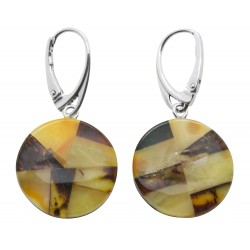 Amber mosaic and silver earring - circle shape