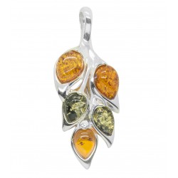 Silver leaf pendant with green amber and cognac pearl