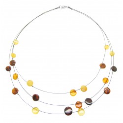 Multicolored amber necklace, black steel wire