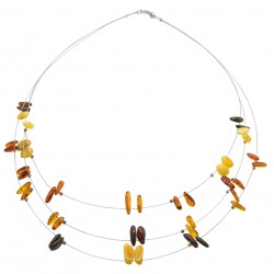 Multicolored amber necklace on steel cable