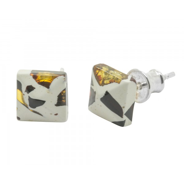 Boucle d'oreille carré en ambre mosaïque et Argent 925/1000