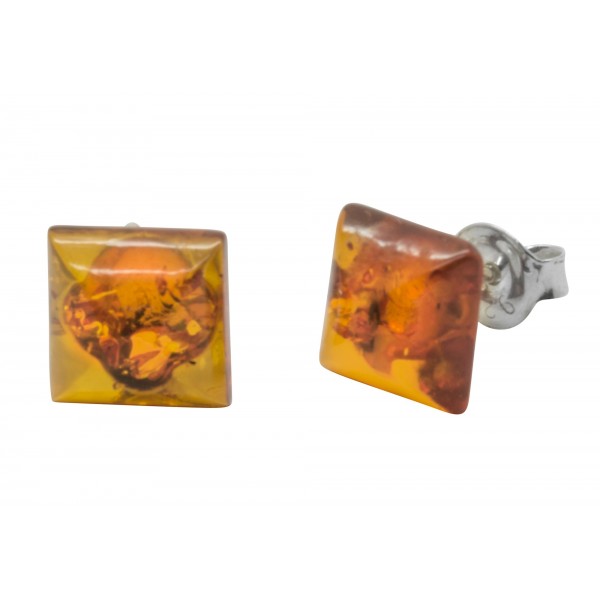 Boucle d'oreille carré en ambre cognac et Argent 925/1000