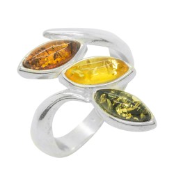 Tri-color silver and amber ring (honey, lemon and green)