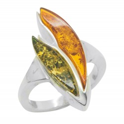 Silver and amber bi-color green / cognac ring