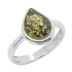 Green Amber and Silver 925/1000 ring, drop shape