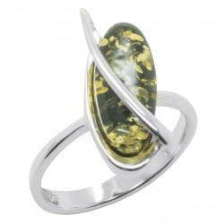 Bague en Ambre vert et Argent forme olive