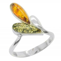 Bague en argent et ambre naturel couleur vert et miel