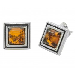 Square silver and honey amber earring