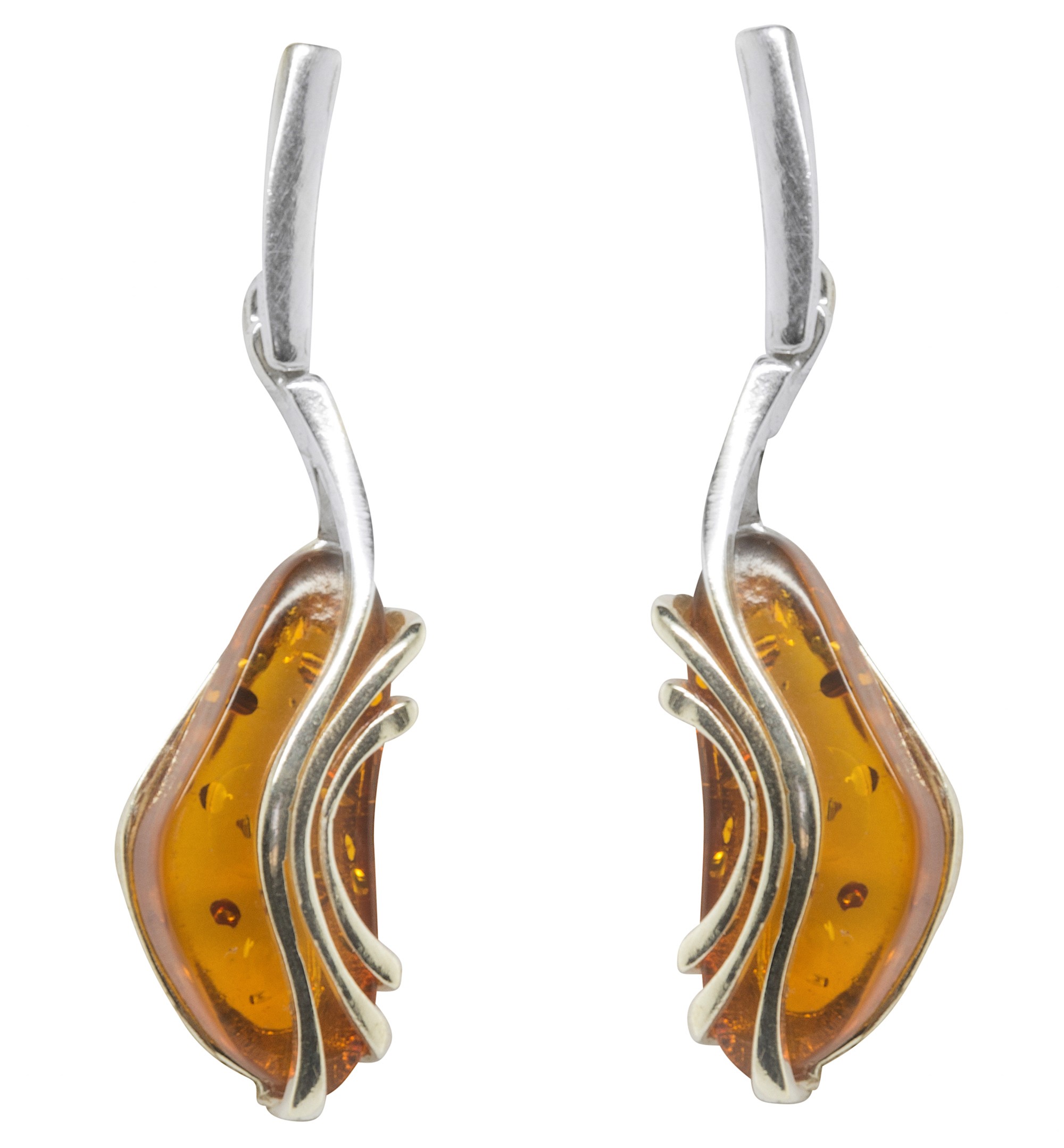 Boucles D'oreilles Pendantes En Argent Massif Avec Perles D'ambre Miel - Occasion