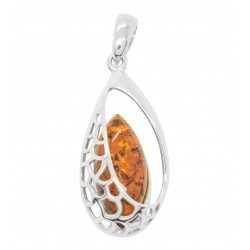 Natural silver and amber pendant in cognac color