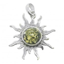 Pendentif Soleil en Ambre vert et Argent