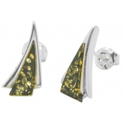 Triangle shape silver stud earrings with green amber 