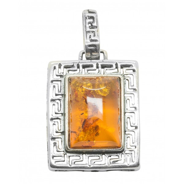 Pendentif ambre cognac et argent 925/1000 forme rectangulaire