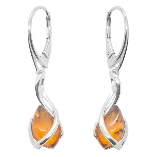Boucle d'oreille avec perle d'ambre cognac et Argent 925/1000