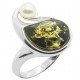 Bague en ambre vert et argent accompagné d'une perle de culture