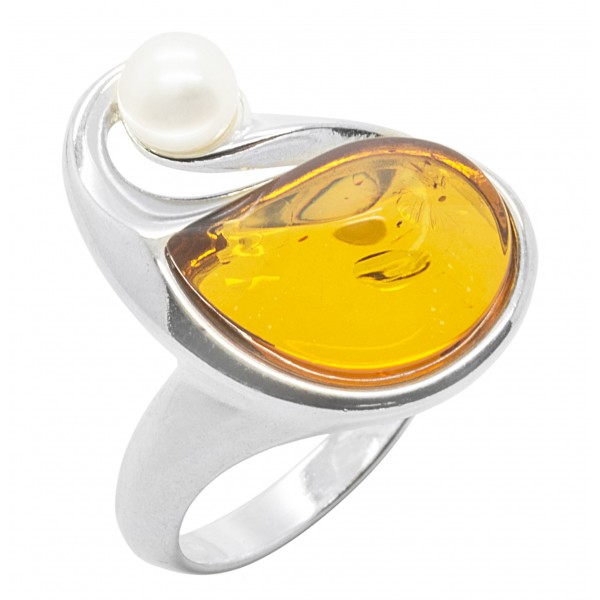 Bague En Argent Massif Ajourée Avec Perle D'ambre Miel - Taille 53, Occasion
