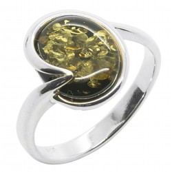 Ring in green amber and silver 925/1000, round shape