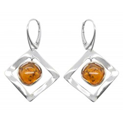 Silver Square and Floating Amber Stone Earring