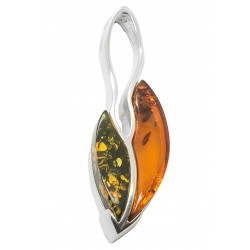 Pendentif argent et ambre grain de café couleur verte / cognac