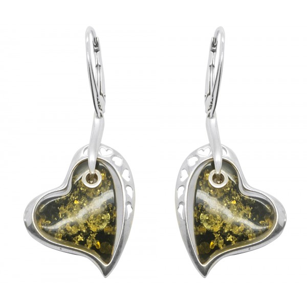 Boucle d'oreille argent et ambre vert en forme de coeur