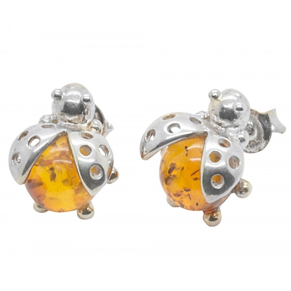 Boucle d'oreille Argent et pierre d'ambre en forme de grosse coccinelle