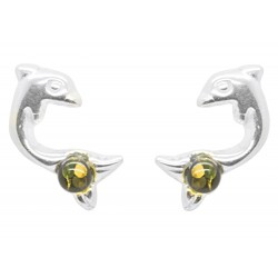 Silver dolphin and green amber pearl earring
