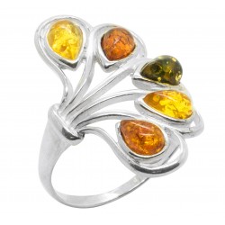 Half Flower Silver and Amber tri-color ring (honey, lemon and green)