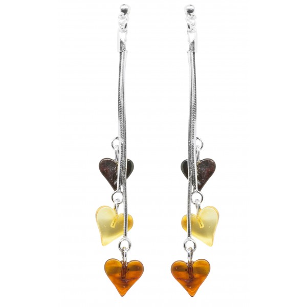 Silver earrings and multicolored amber heart trio