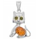 Pendentif Chat au yeux vert en Ambre et Argent