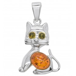 Pendentif Chat au yeux vert en Ambre et Argent