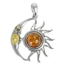 Pendentif en Argent et Ambre forme Lune et Soleil