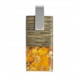 Pendentif Bois, Ambre miel & Argent 925/1000
