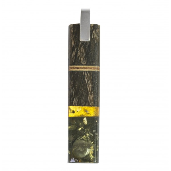 Long pendentif bois précieux, ambre miel et vert avec armature en argent