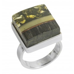 Bague bois précieux, ambre vert et royal sur monture en argent massif