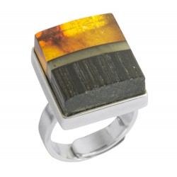 Bague bois précieux, bande d'ambre royal et ambre miel sur argent 925/1000