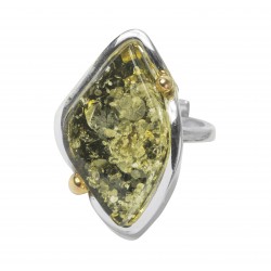 Grosse bague d'ambre vert et argent 925/1000 avec perle plaqué Or