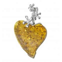 Pendentif ambre miel et argent 925/1000 forme coeur avec fleur