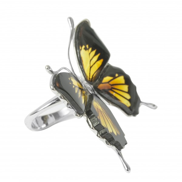 Bague papillon en ambre et argent 925/1000