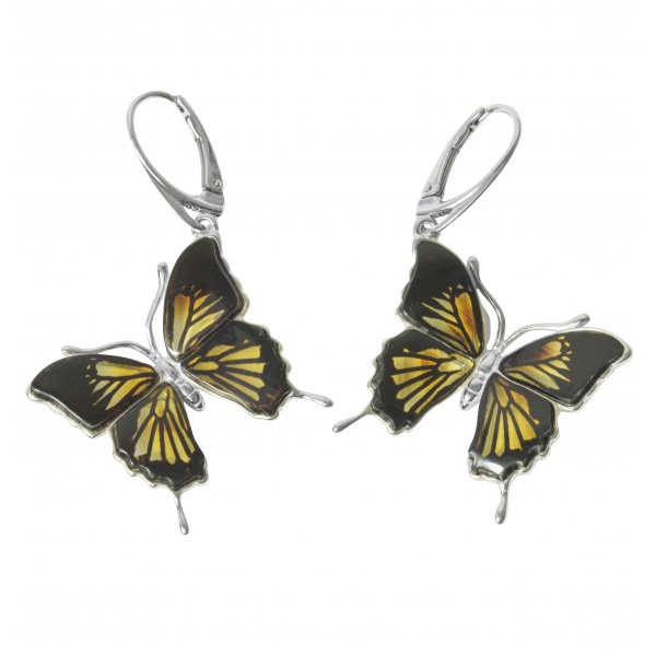 Boucle d'oreille papillon zèbre en Ambre et argent Massif