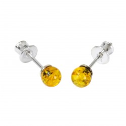 Green amber ball stud earrings with silver