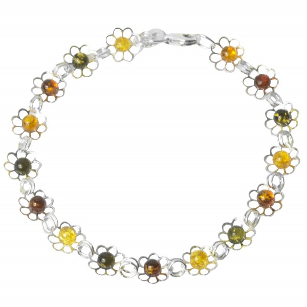 Bracelet ambre multicolore et fleur en argent 925/1000