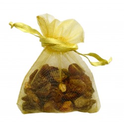 Bag of raw natural amber in its gold organza bag