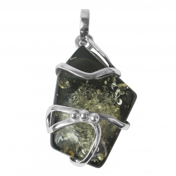 Gros Pendentif en Ambre vert & Argent