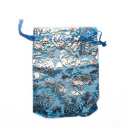Sachet organza bleu azur décoration rose