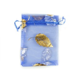 Sachet organza bleu décoration feuille d'arbre